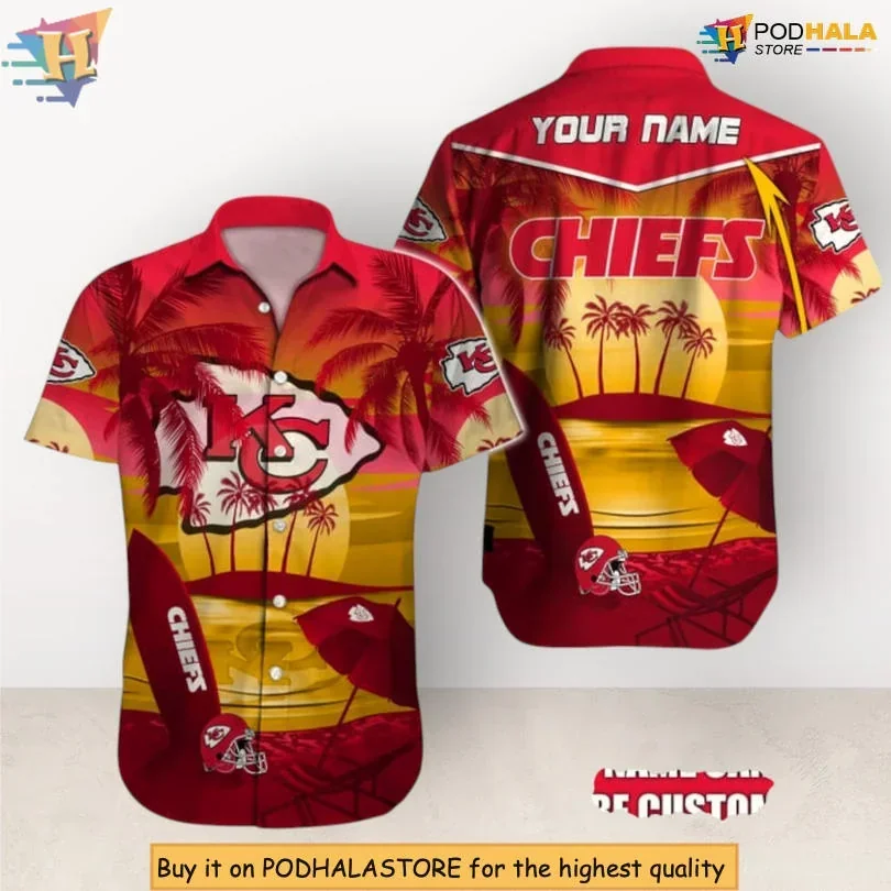 Tropical Kansas City Chiefs Aloha Shirt With Sunset Palm Tree Design
