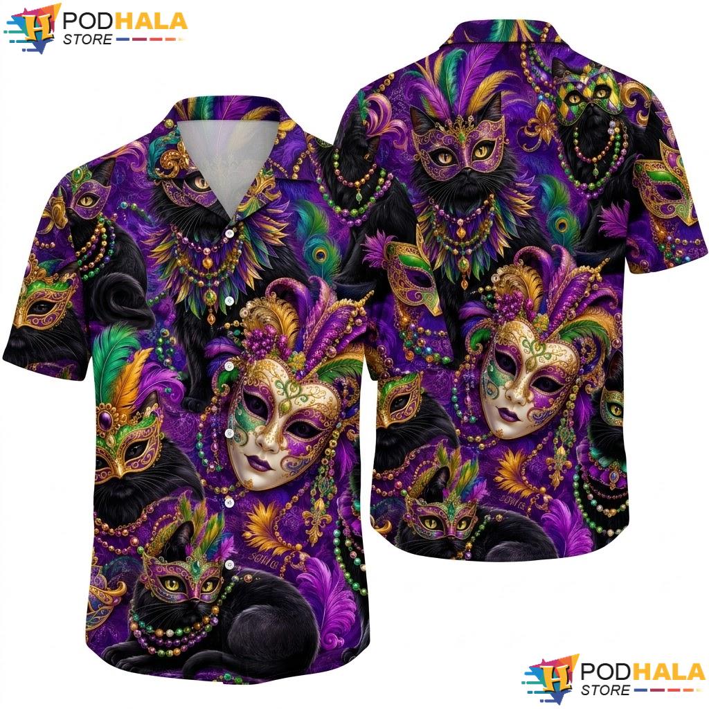 Vibrant Mask Cat Hawaiian Shirt Playful Festival Graphic Mens Apparel