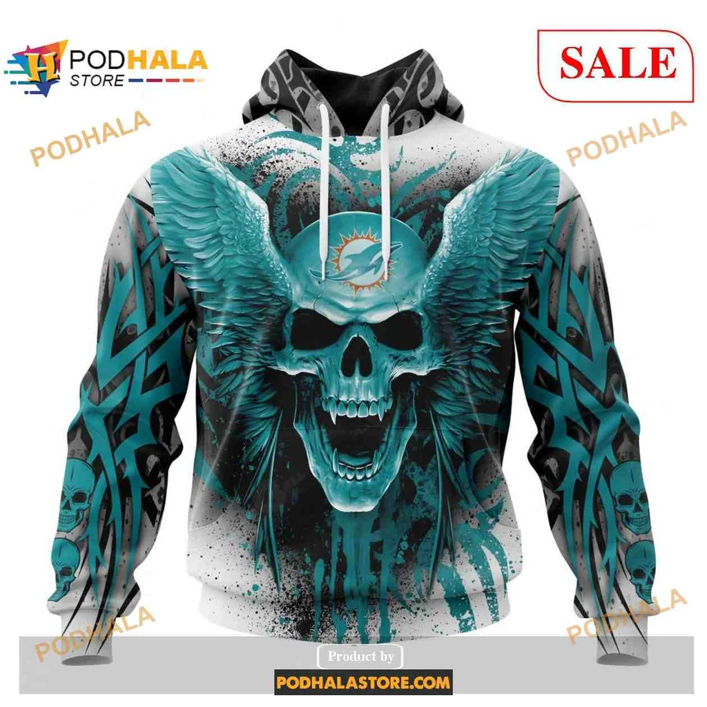 Vibrant Miami Dolphins Skull Wings 3d Hoodie With Tribal Patterns