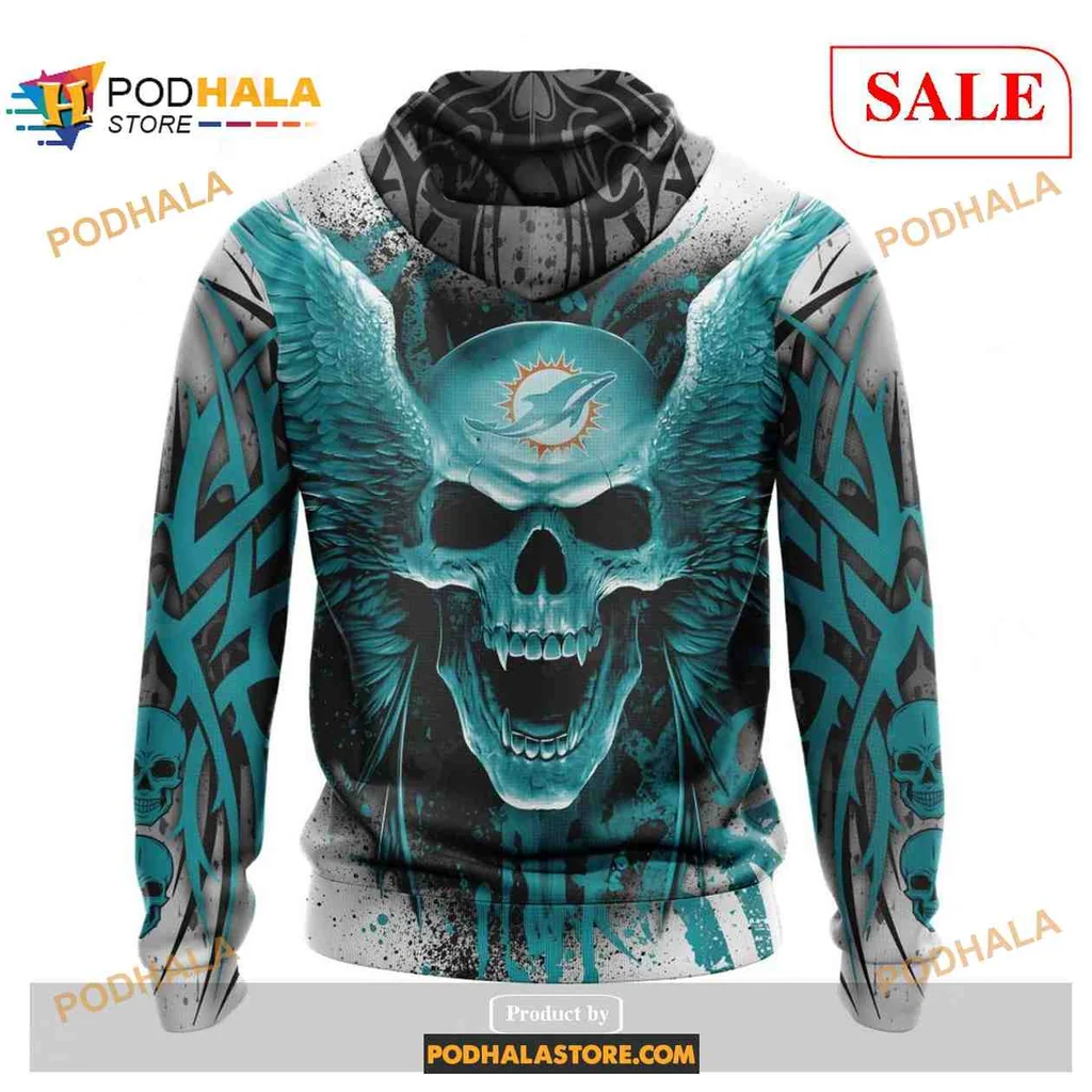 Vibrant Miami Dolphins Skull Wings All Over Print Hoodie With Tribal Patterns Vibrant Miami Dolphins Skull Wings All Over Print Hoodie With Tribal Patterns