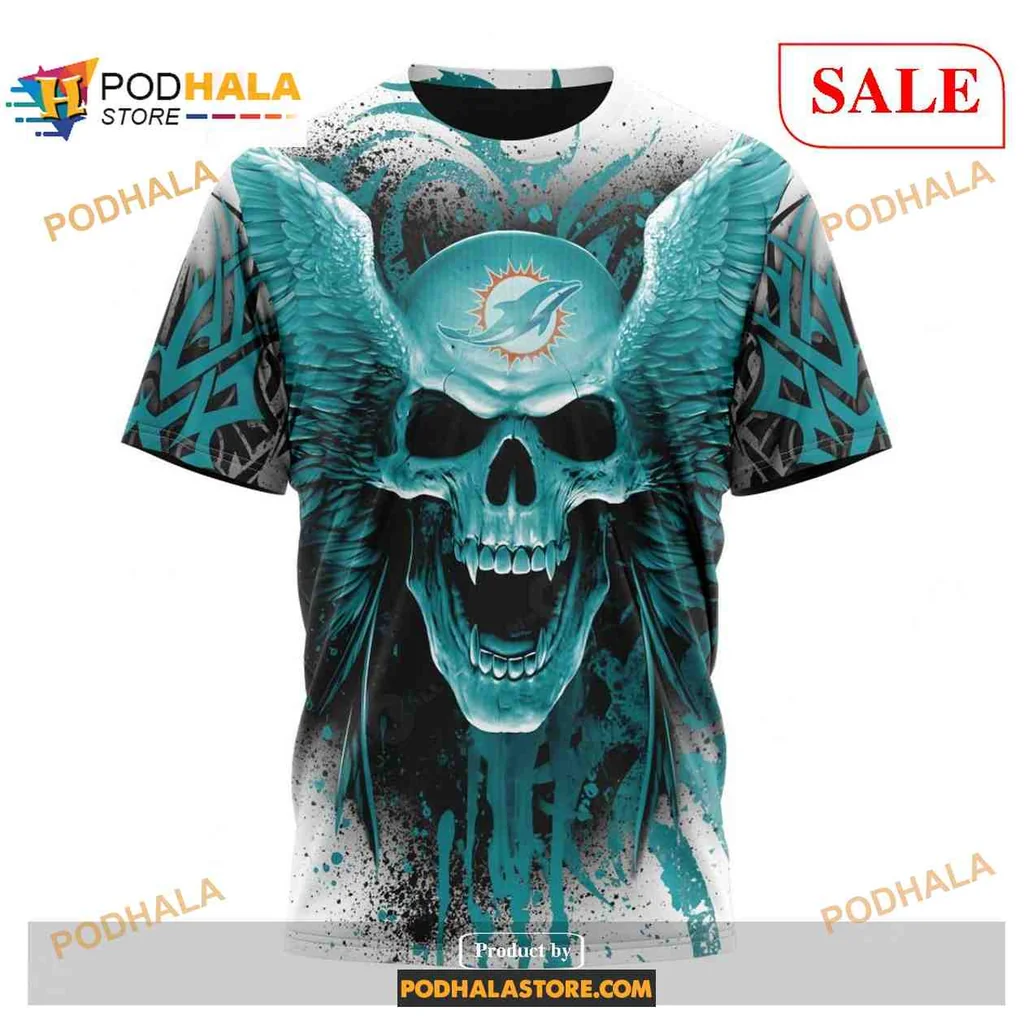 Vibrant Miami Dolphins Skull Wings AOP Hoodie With Tribal Patterns Vibrant Miami Dolphins Skull Wings AOP Hoodie With Tribal Patterns