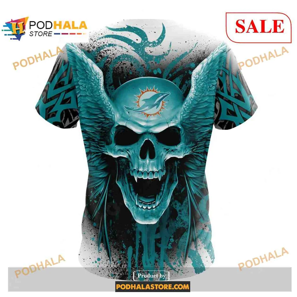 Vibrant Miami Dolphins Skull Wings 3D Print Hoodie With Tribal Patterns Vibrant Miami Dolphins Skull Wings 3D Print Hoodie With Tribal Patterns