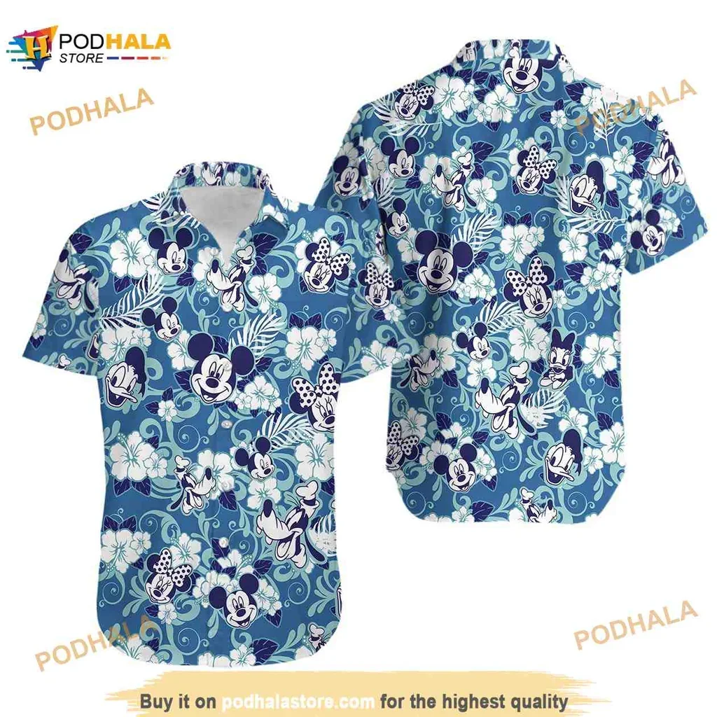 Vibrant Mickey Mouse Floral Aloha Shirt With Tropical Hibiscus Design