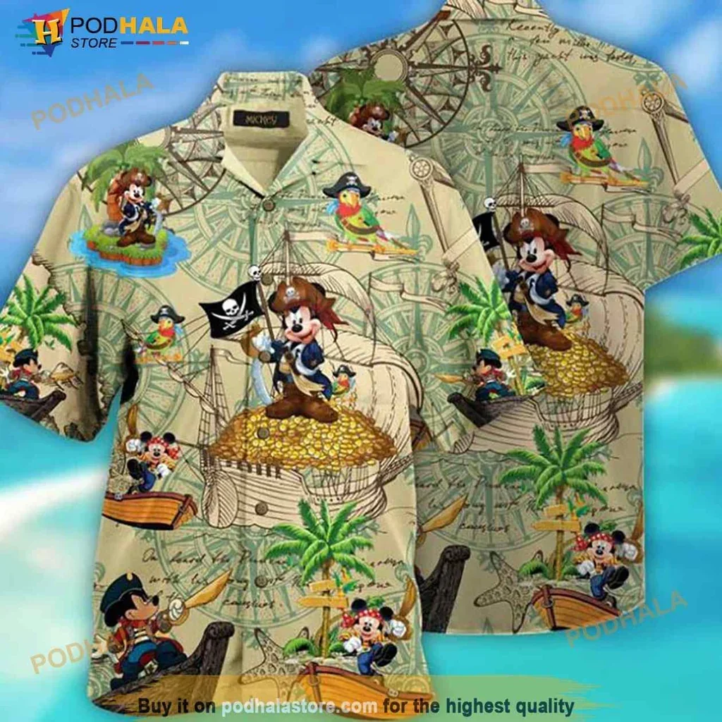 Vibrant Mickey Mouse Pirate Aloha Shirt With Tropical Adventure Design