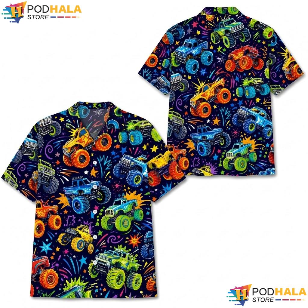 Vibrant Monster Truck Aloha Shirt Neon Graphic Summer Fun Casual Top