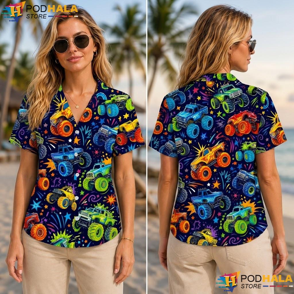 Vibrant Monster Truck Tropical Shirt Neon Graphic Summer Fun Casual Top Vibrant Monster Truck Tropical Shirt Neon Graphic Summer Fun Casual Top