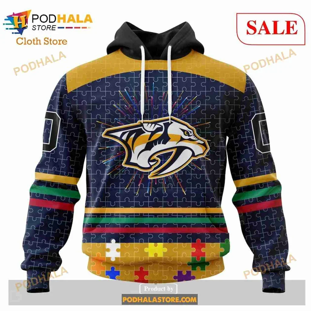Vibrant Nashville Predators Autism Awareness 3d Hoodie With Colorful Puzzle Design