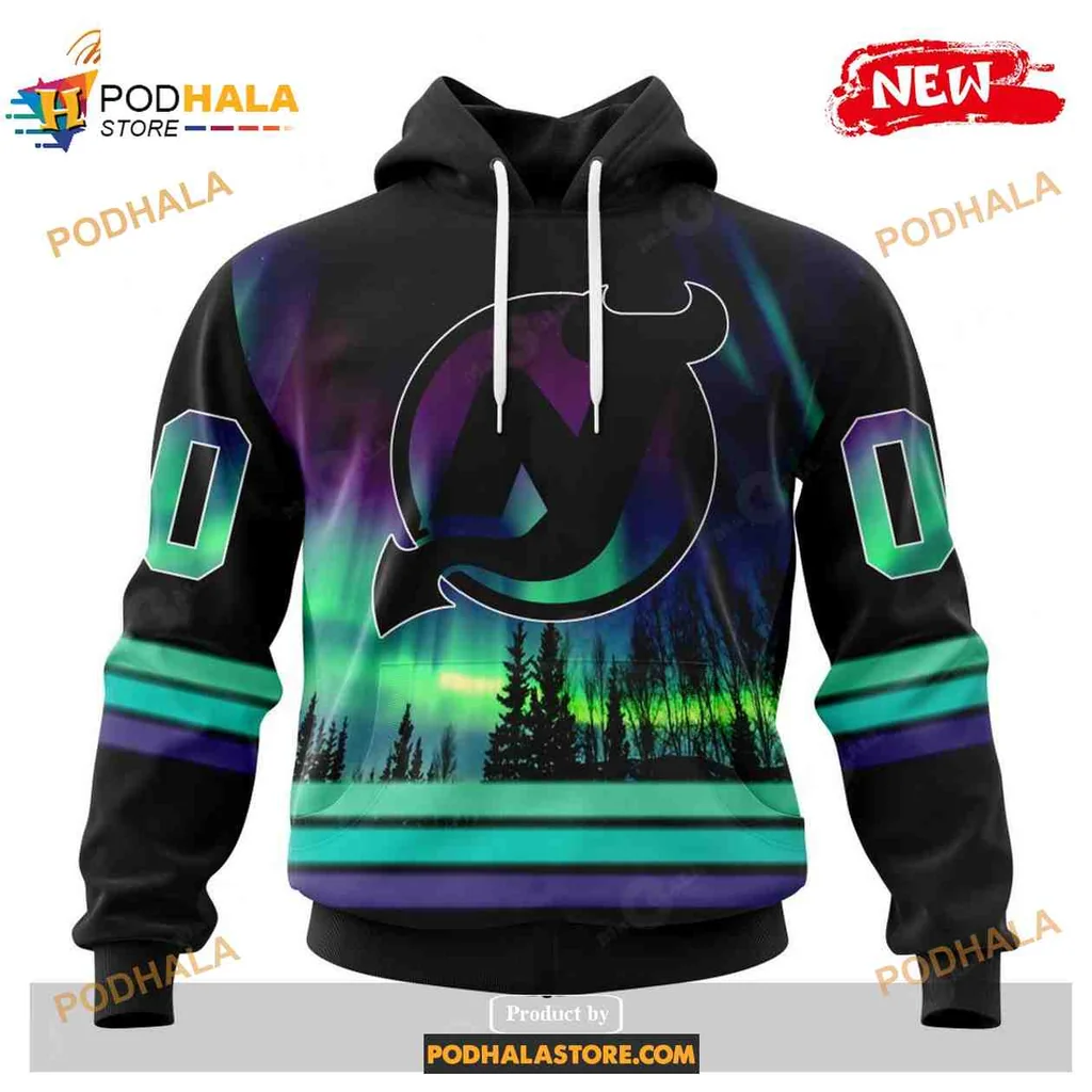 Vibrant New Jersey Devils 3d Hoodie Featuring Northern Lights Design