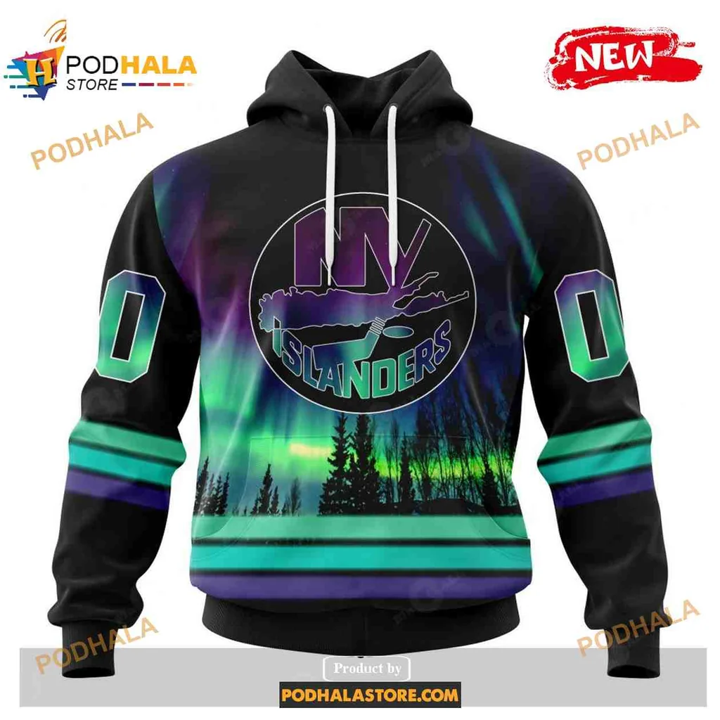 Vibrant New York Islanders 3d Hoodie With Northern Lights Design