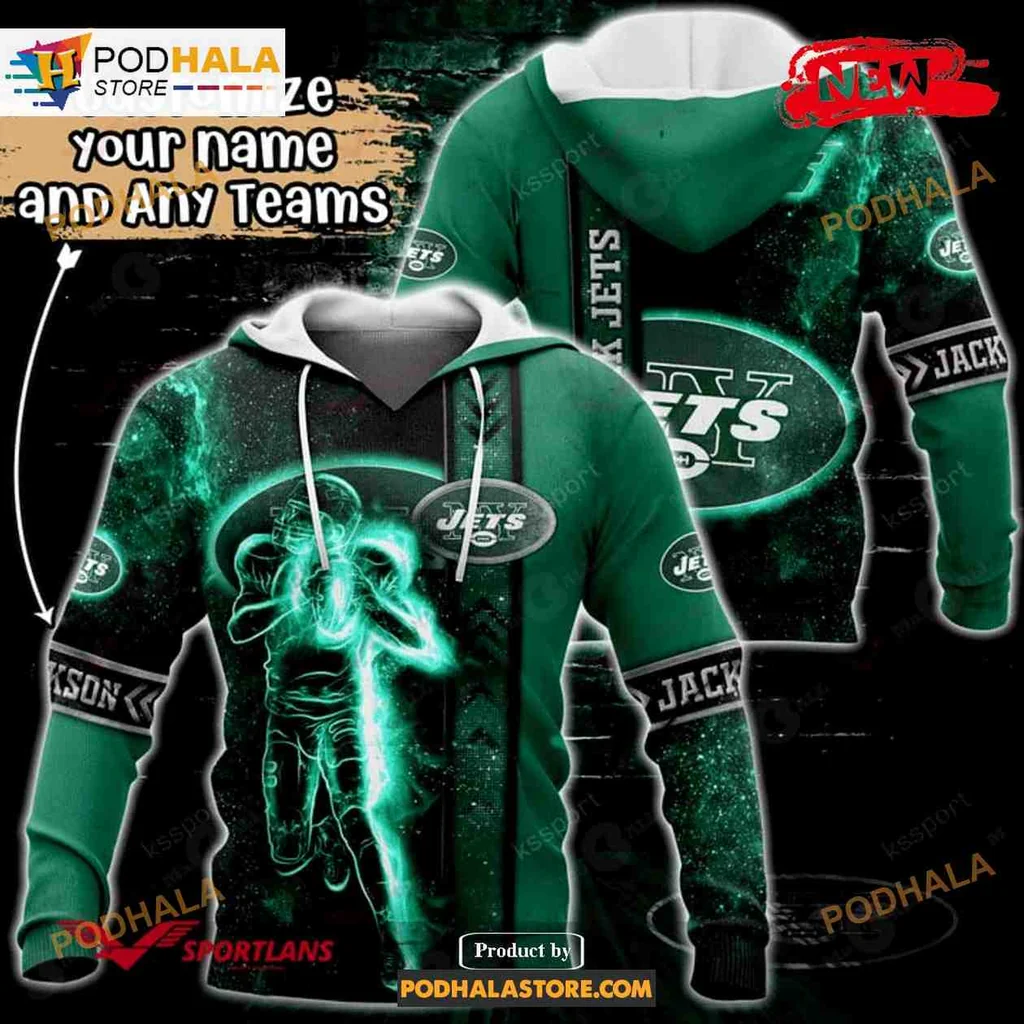 Vibrant New York Jets 3d Hoodie With Glowing Football Player Design