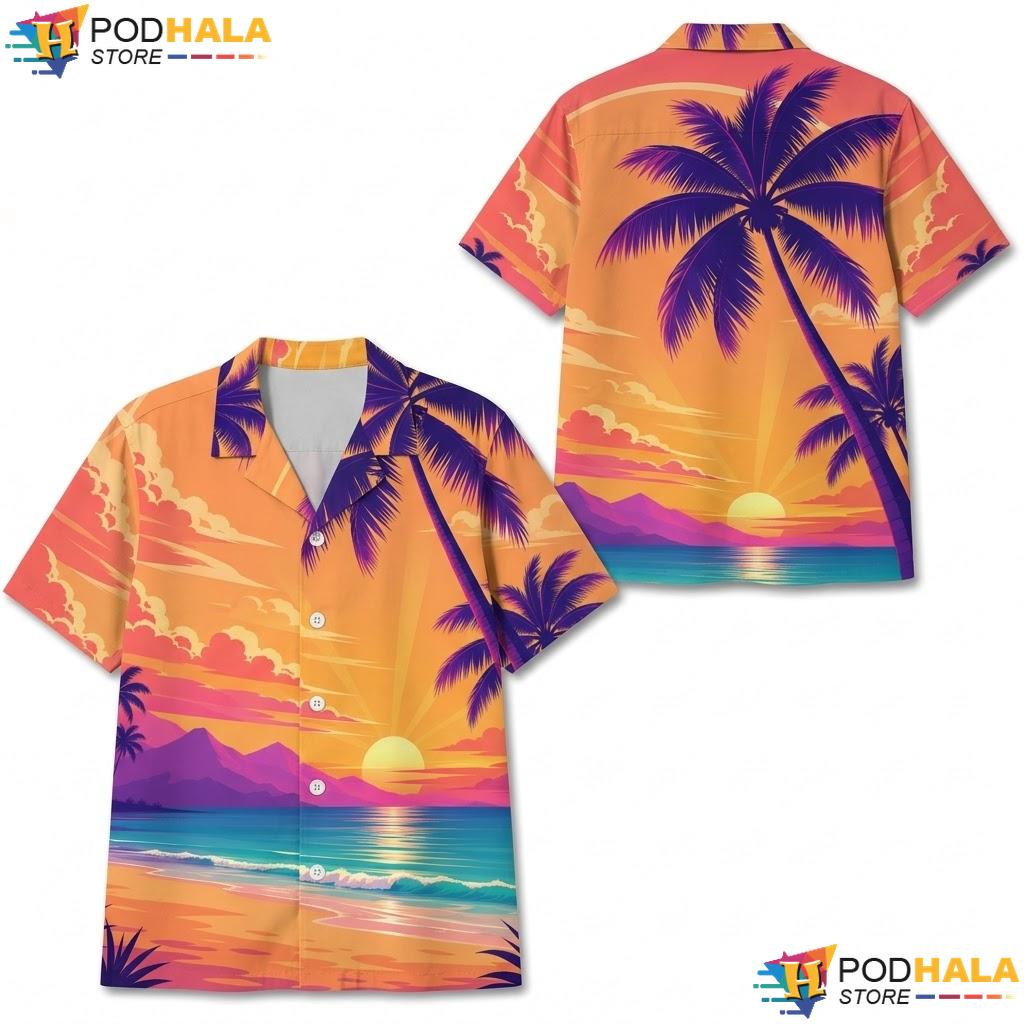 Vibrant Palm Tree Graphic Aloha Shirt Tropical Sunset Mens Button Up