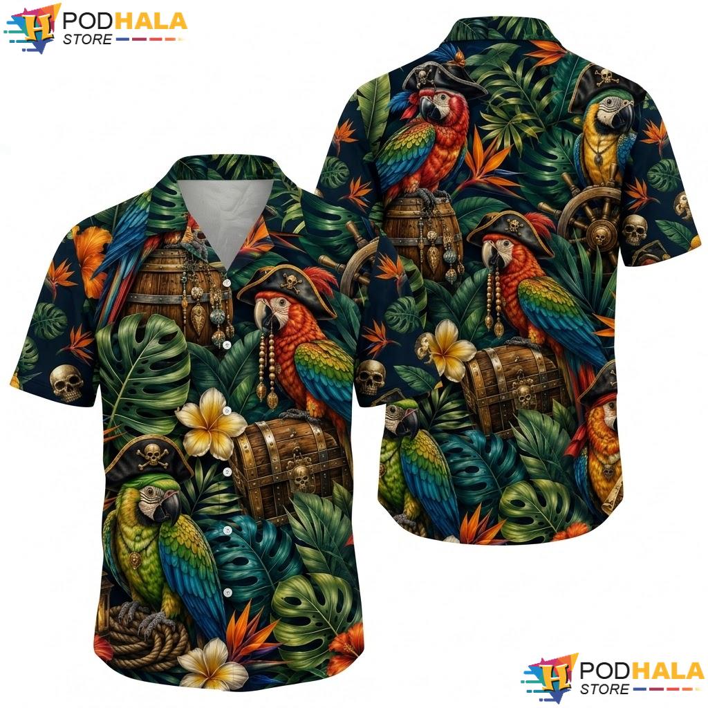 Vibrant Parrot Skull Aloha Shirt Tropical Pirate Themed Mens Apparel