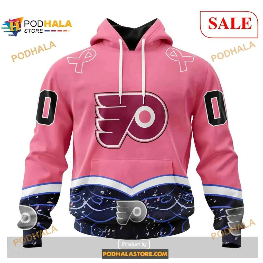 Vibrant Philadelphia Flyers Cancer Awareness Hoodie With Pink Ribbon Design