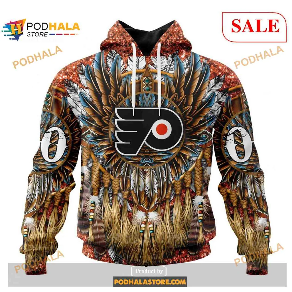 Vibrant Philadelphia Flyers Native American Hoodie With Intricate Feather Design