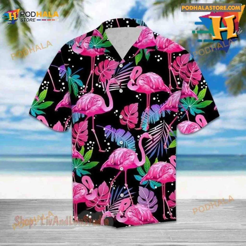 Vibrant Pink Flamingo Hawaiian Shirt With Lush Green Leaves Design
