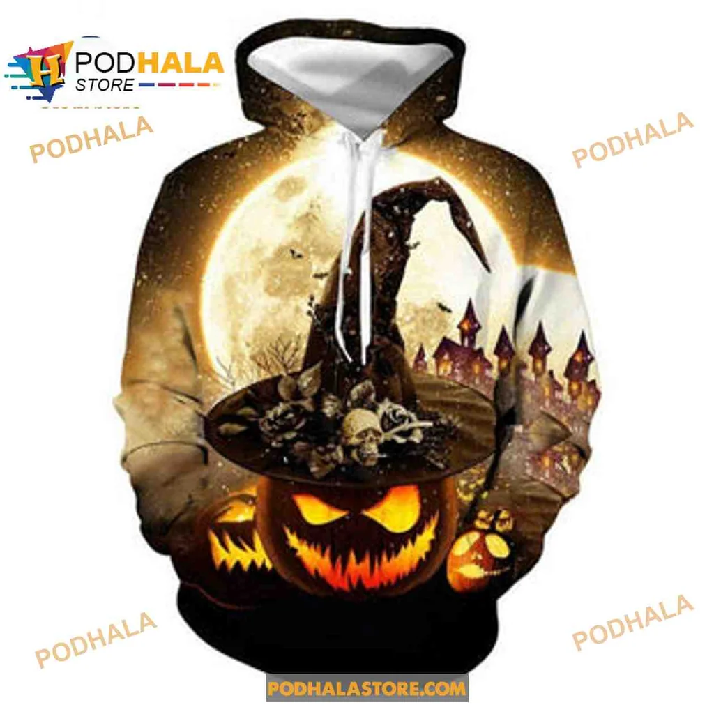 Vibrant Pumpkin Witch Hat 3d Hoodie With Glowing Face And Full Moon