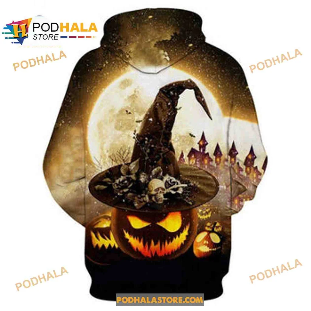 Vibrant Pumpkin Witch Hat All Over Print Hoodie With Glowing Face And Full Moon Vibrant Pumpkin Witch Hat All Over Print Hoodie With Glowing Face And Full Moon