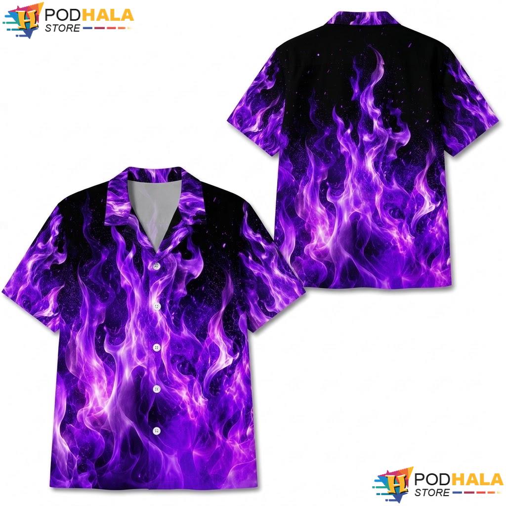Vibrant Purple Flame Hawaiian Shirt Bold Gothic Fashion Summer Apparel