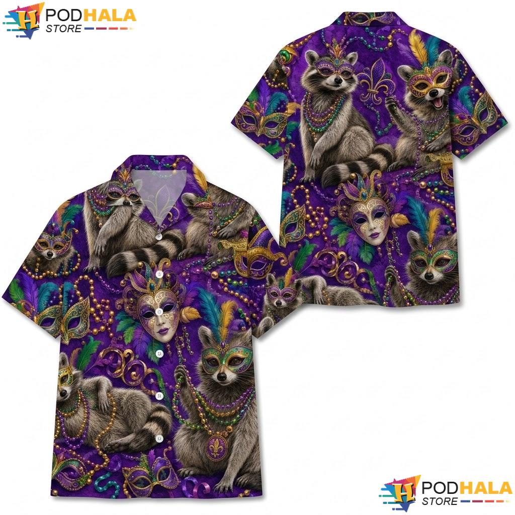 Vibrant Raccoon Festival Hawaiian Shirt Playful Mens Short Sleeve Top