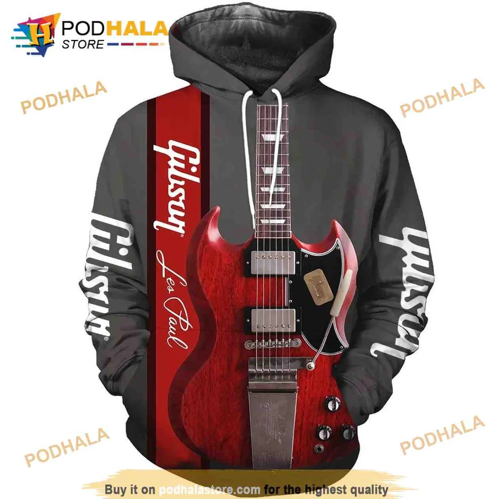 Vibrant Red Electric Guitar 3d Hoodie Featuring Gibson Design