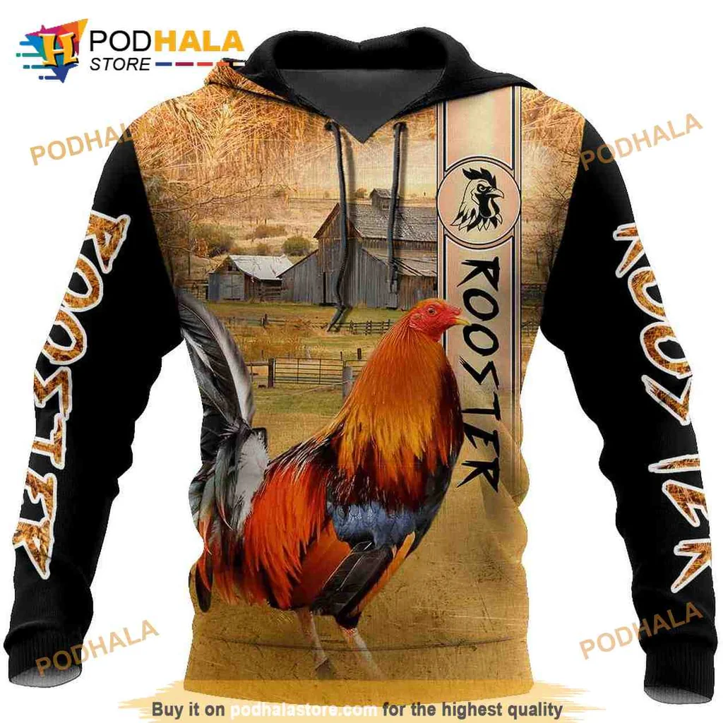 Vibrant Rooster Farm 3d Hoodie Featuring Colorful Rustic Design
