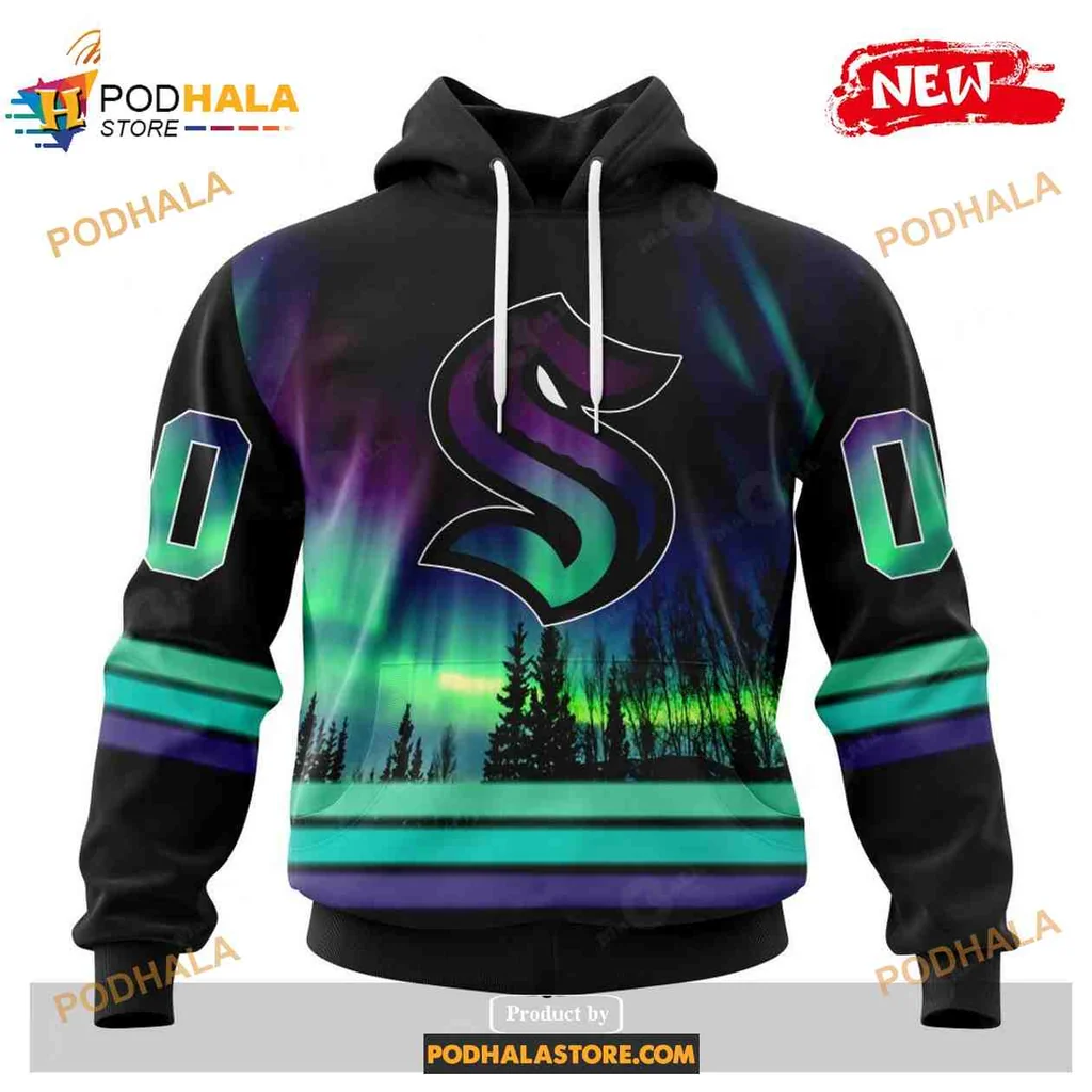 Vibrant Seattle Kraken 3d Hoodie With Northern Lights Design