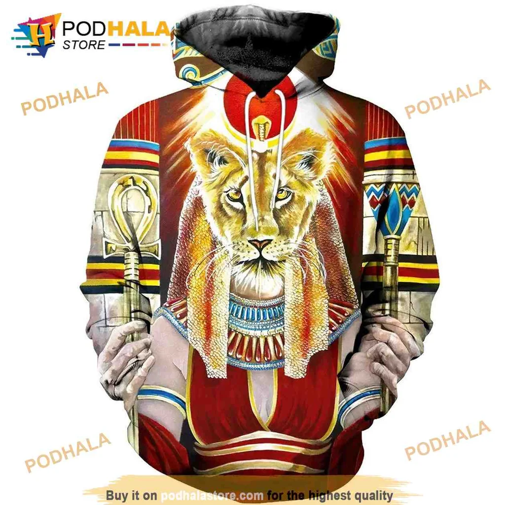 Vibrant Sekhmet Goddess 3d Hoodie, Artistic Lioness Design With Egyptian Symbols