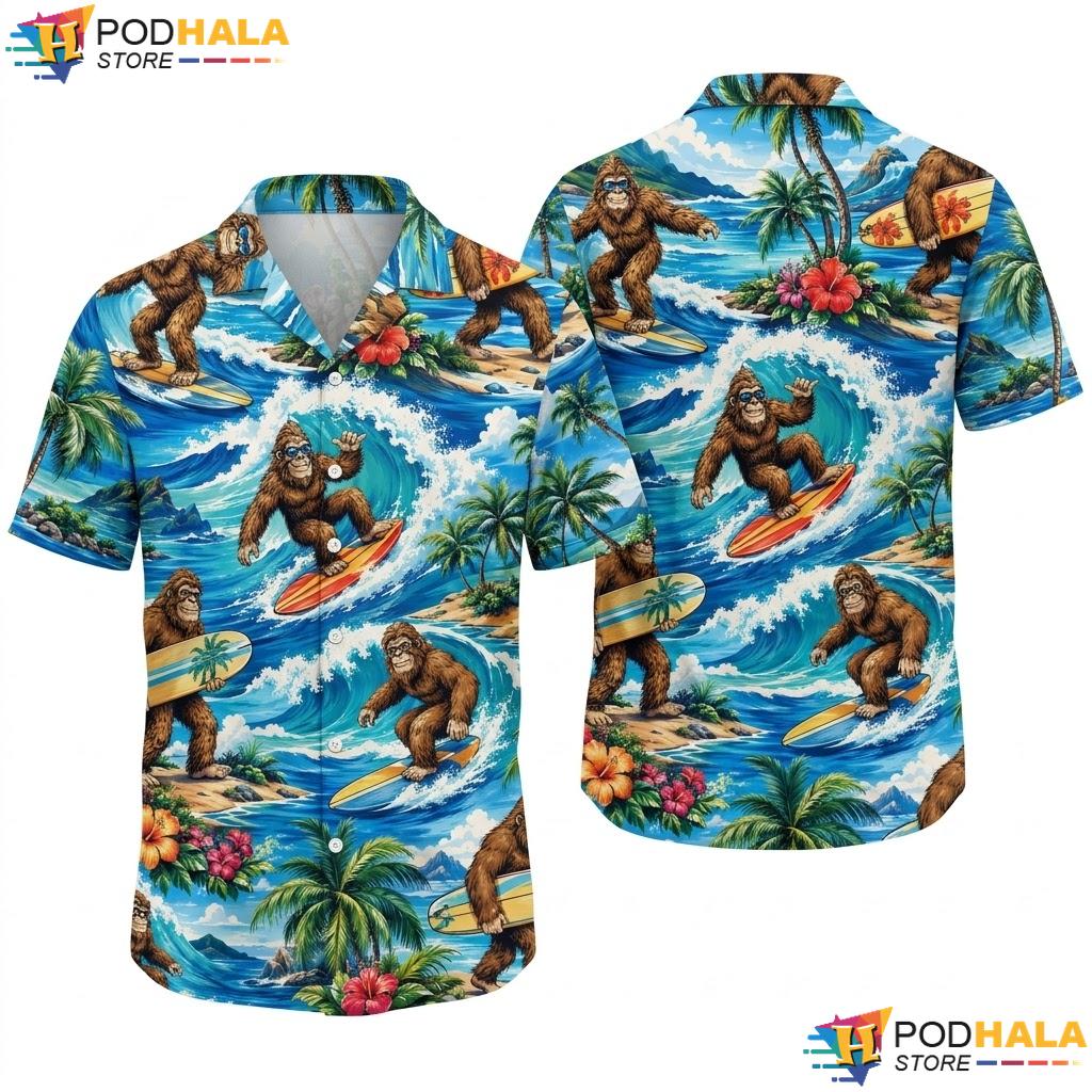 Vibrant Surfing Bigfoot Hawaiian Shirt Playful Beach Graphic Apparel