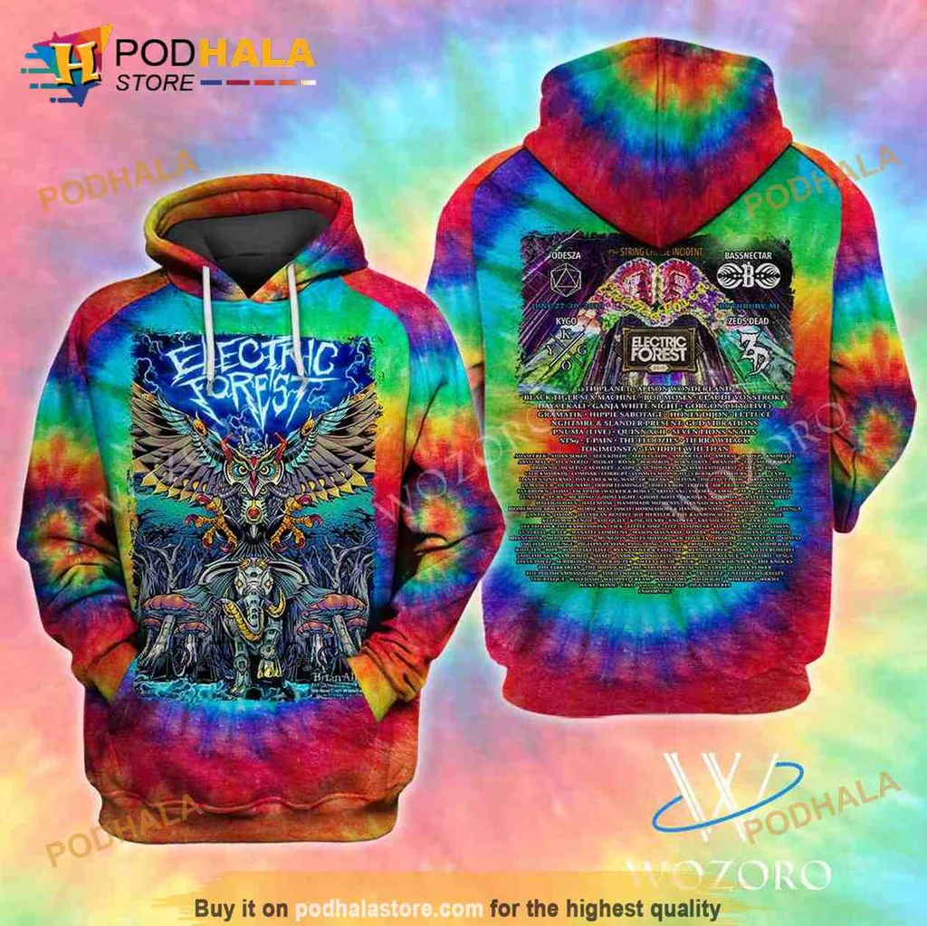 Vibrant Tie Dye Forest Animals 3d Hoodie Featuring Majestic Owl And Colorful Design