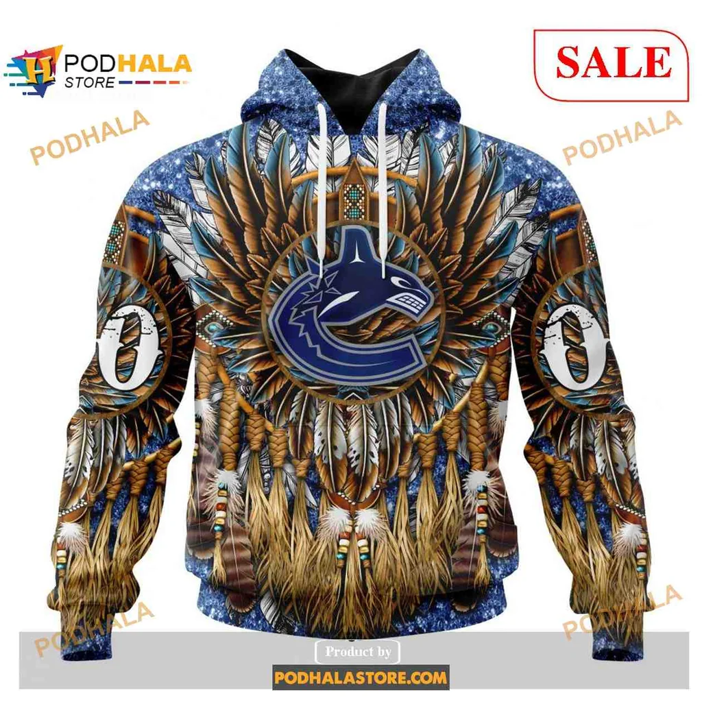 Vibrant Vancouver Canucks Native American Hoodie Featuring Intricate Headdress Design