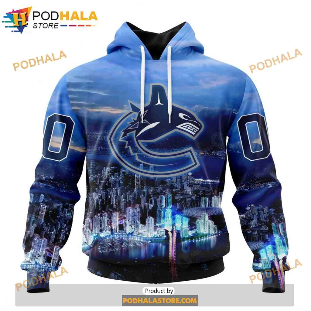 Vibrant Vancouver Canucks Skyline 3d Hoodie Featuring City Lights Design