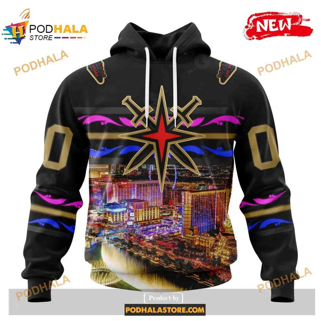 Vibrant Vegas Golden Knights 3d Hoodie Featuring Las Vegas Strip Design
