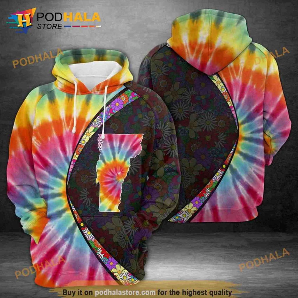 Vibrant Vermont Floral Tie Dye 3d Hoodie With Colorful State Design