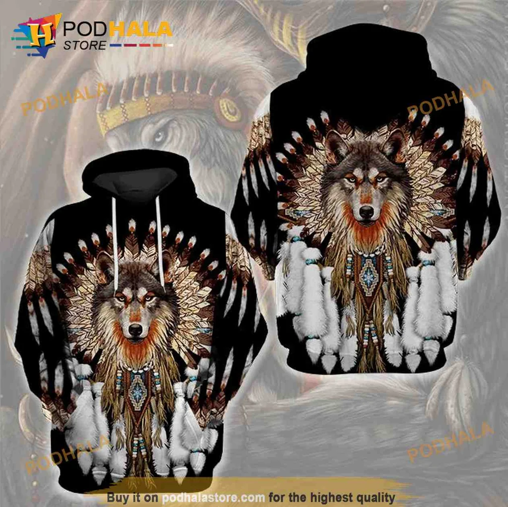 Vibrant Wolf Dream Catcher 3d Hoodie With Intricate Native American Design