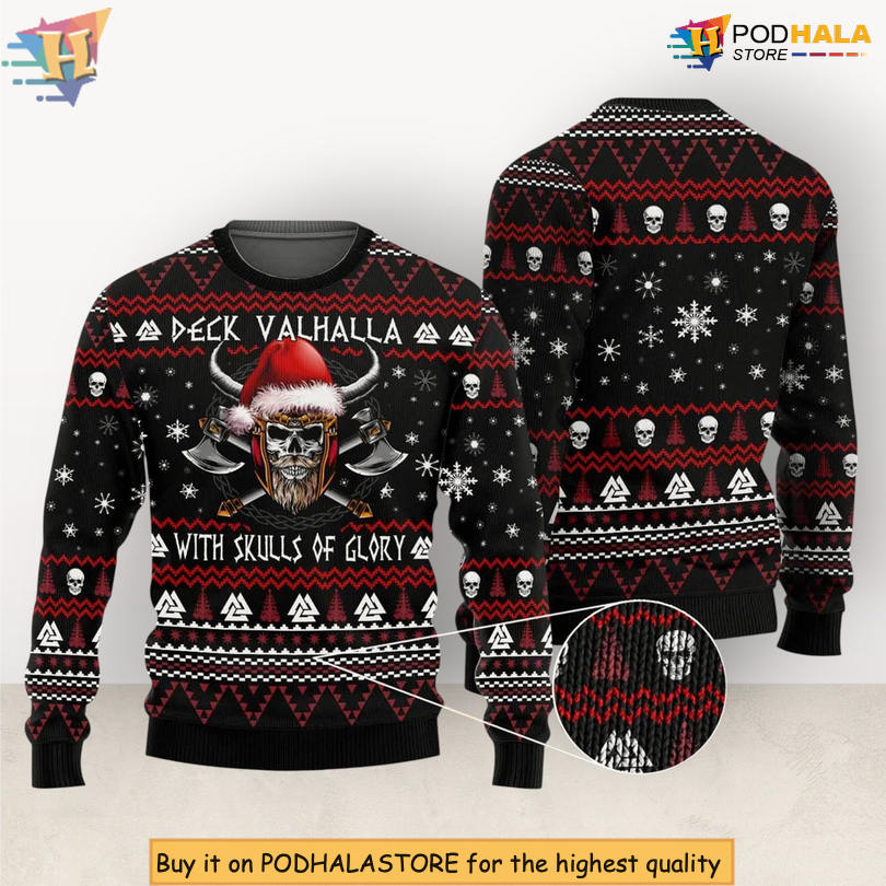Viking Skull Valhalla Glory Scene Deck Of Bones Pattern 3D Christmas Sweater