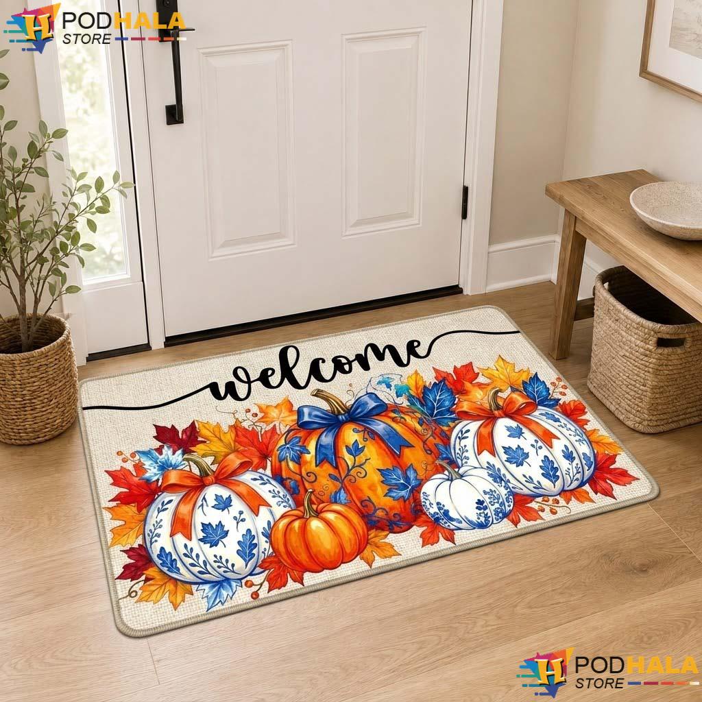 Vintage Autumn Pumpkin Doormat Blue Orange Colorful Leaf Entrance Rug Decor