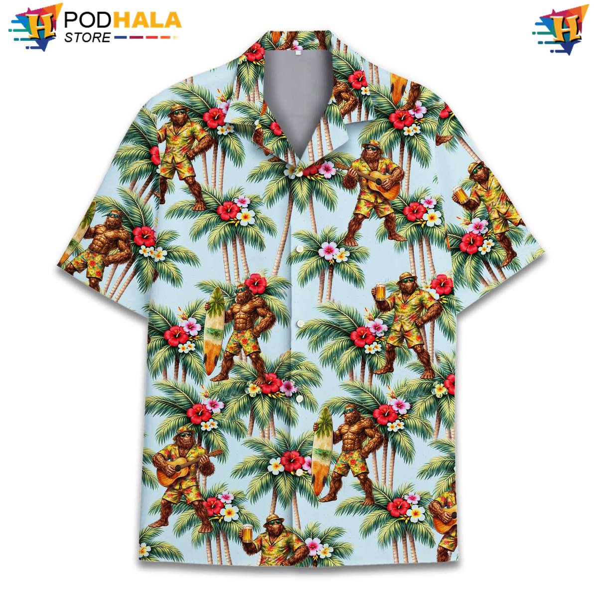 Vintage Bigfoot Hawaiian Shirt Mens Short Sleeve Casual Summer Beach Top