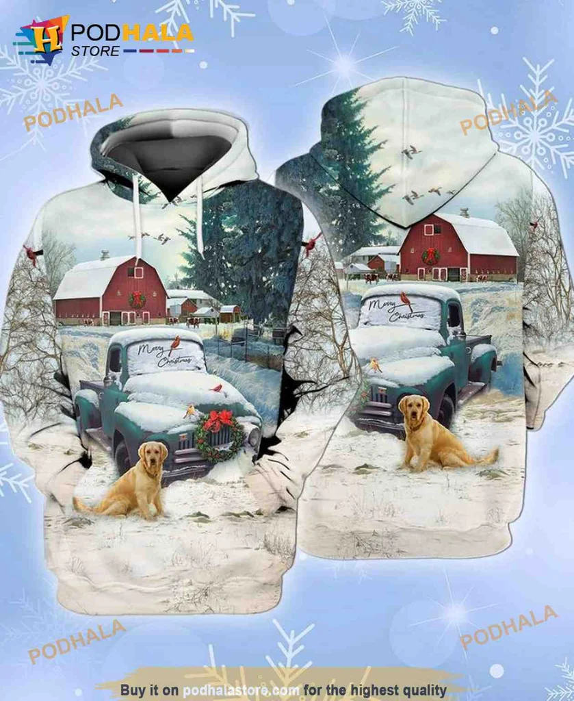 Vintage Blue Truck Red Barn 3d Hoodie With Golden Retriever Dog