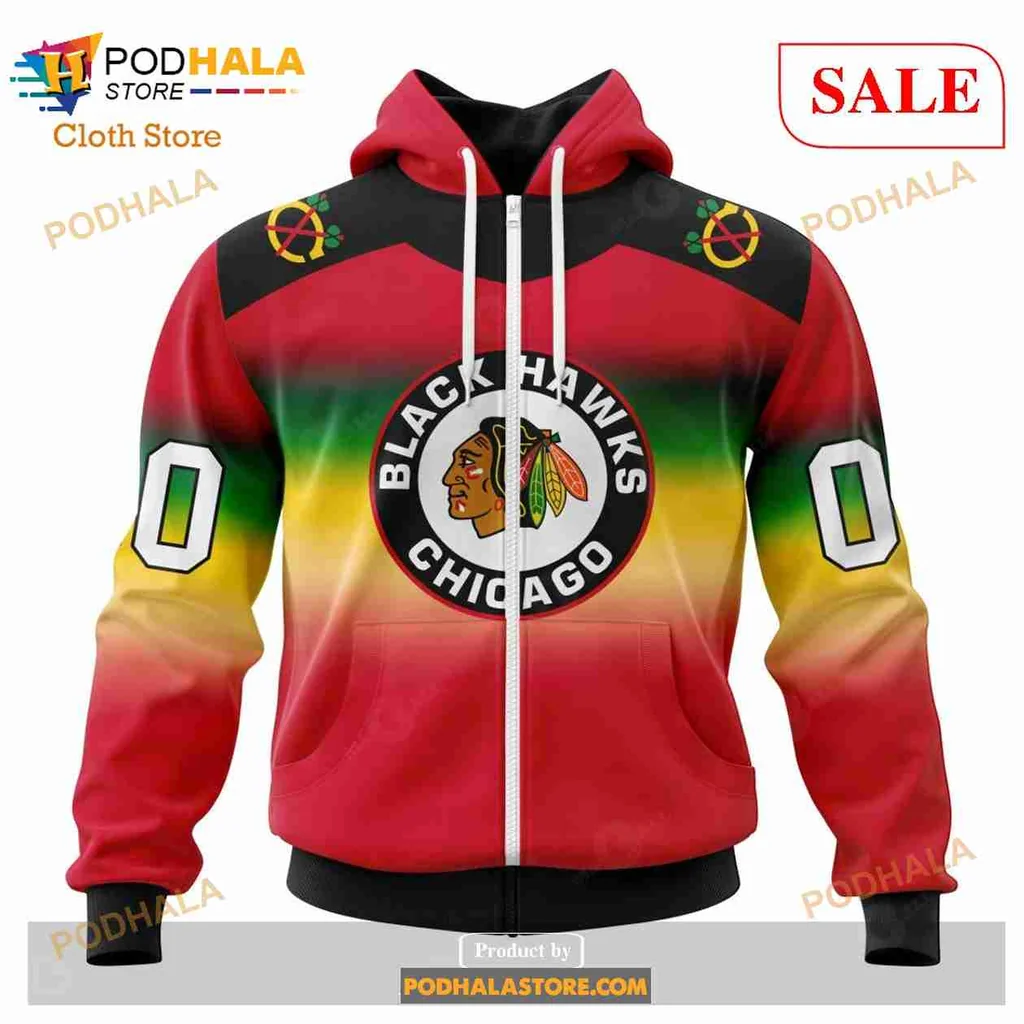 Vintage Chicago Blackhawks Gradient Hoodie With Native American Emblem - View 1 Vintage Chicago Blackhawks Gradient Hoodie With Native American Emblem - View 1