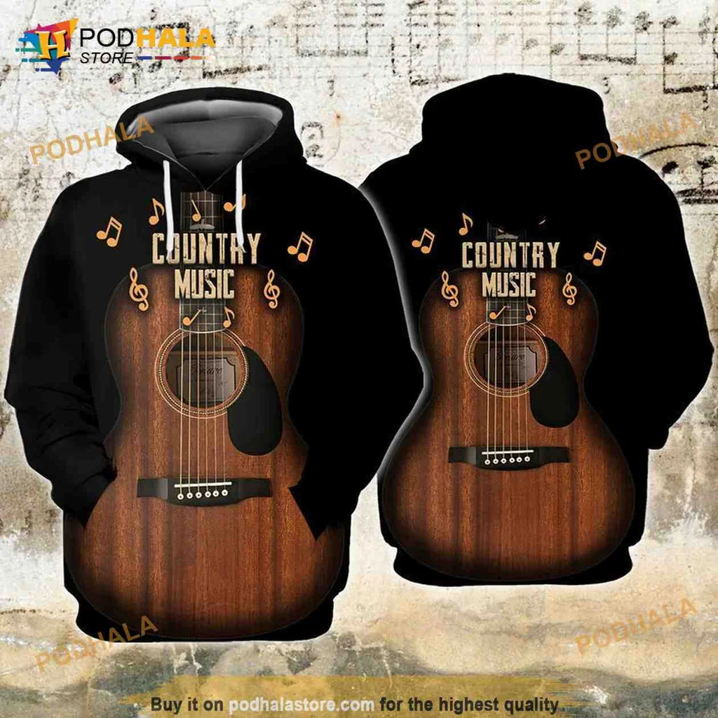 Vintage Country Music Guitar 3d Hoodie Featuring Musical Notes Design