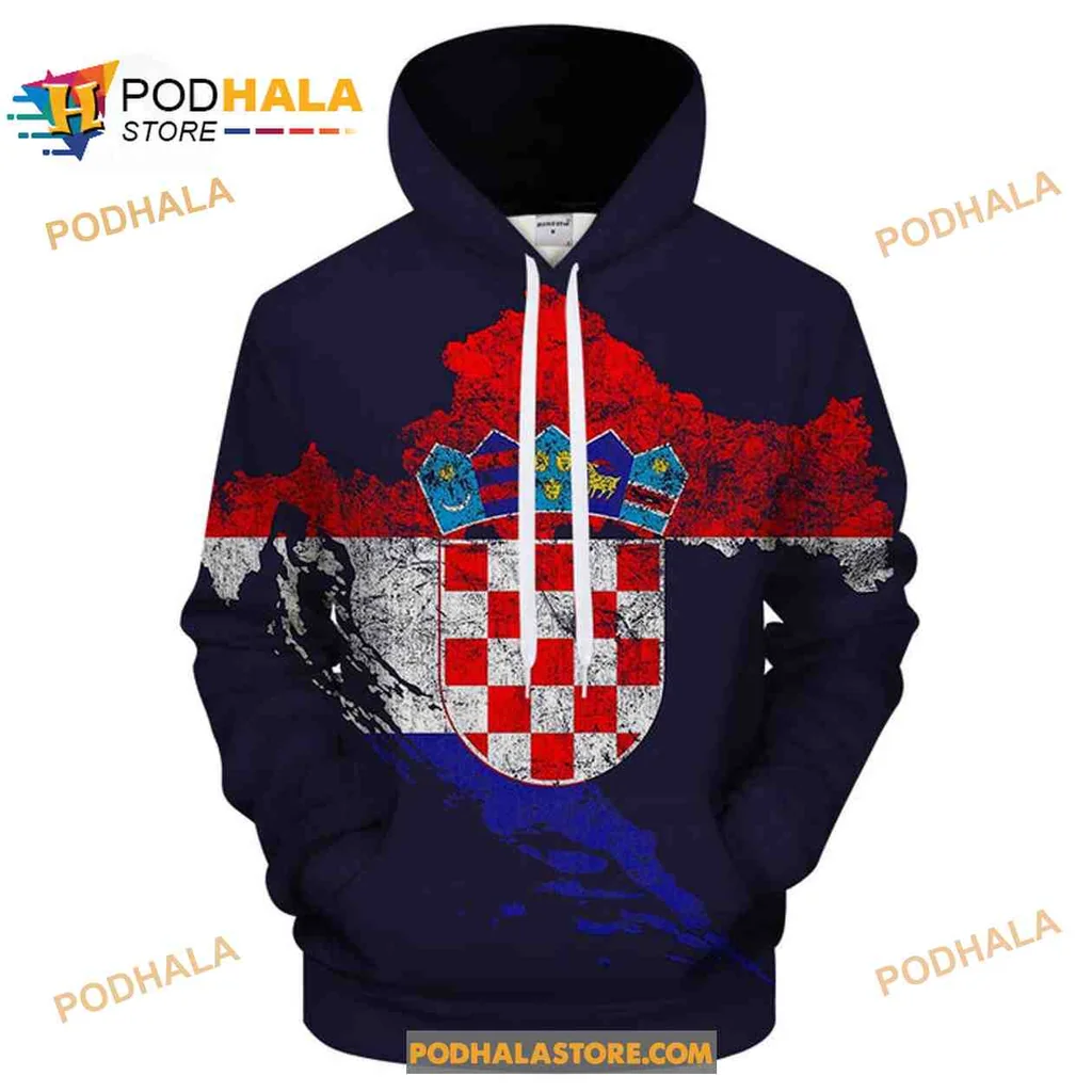 Vintage Croatian Flag All Over Print Hoodie With Distressed Graphic Design Vintage Croatian Flag All Over Print Hoodie With Distressed Graphic Design