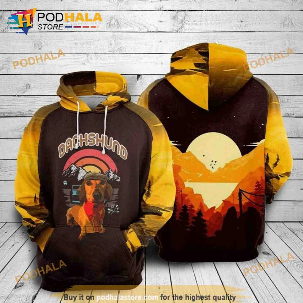 Vintage Dachshund Dog 3d Hoodie With Sunglasses And Scenic Sunset