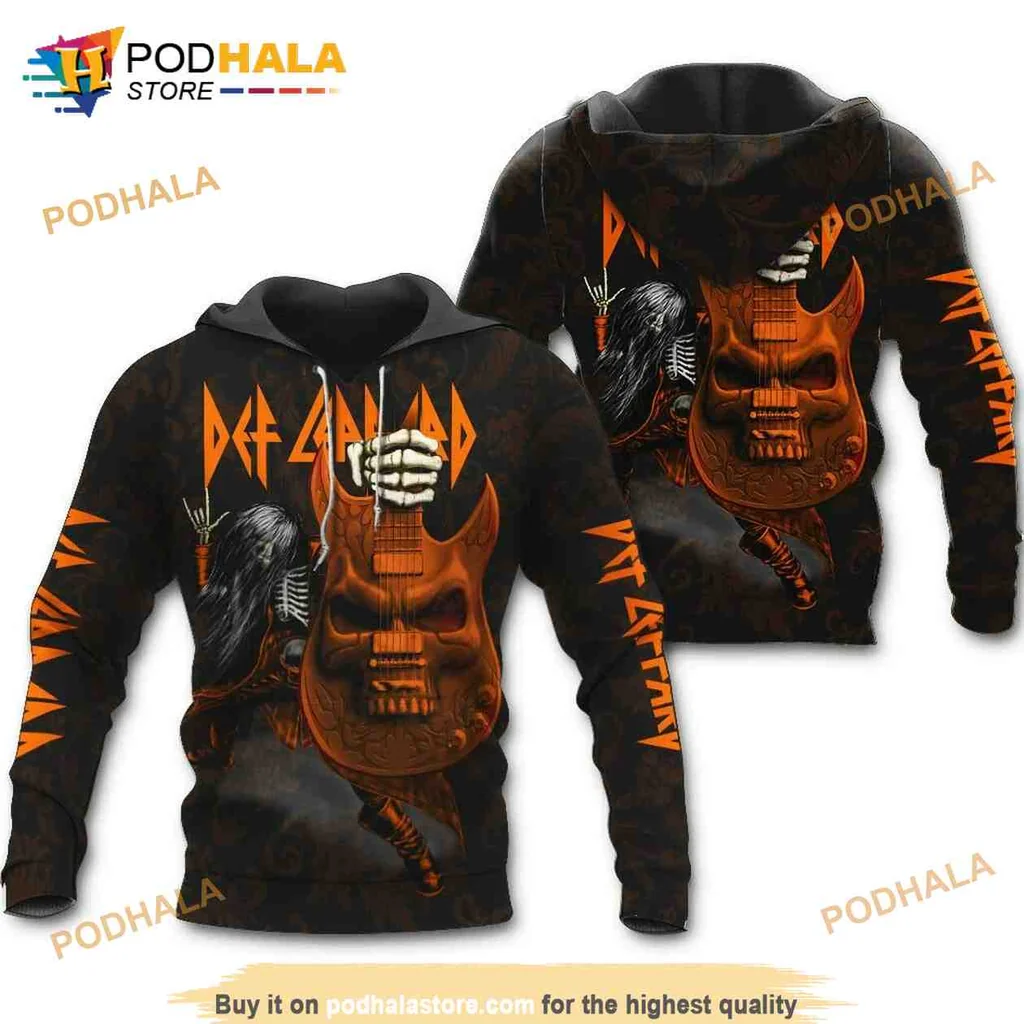 Vintage Def Leppard Guitar 3d Hoodie Featuring Striking Skeleton Design