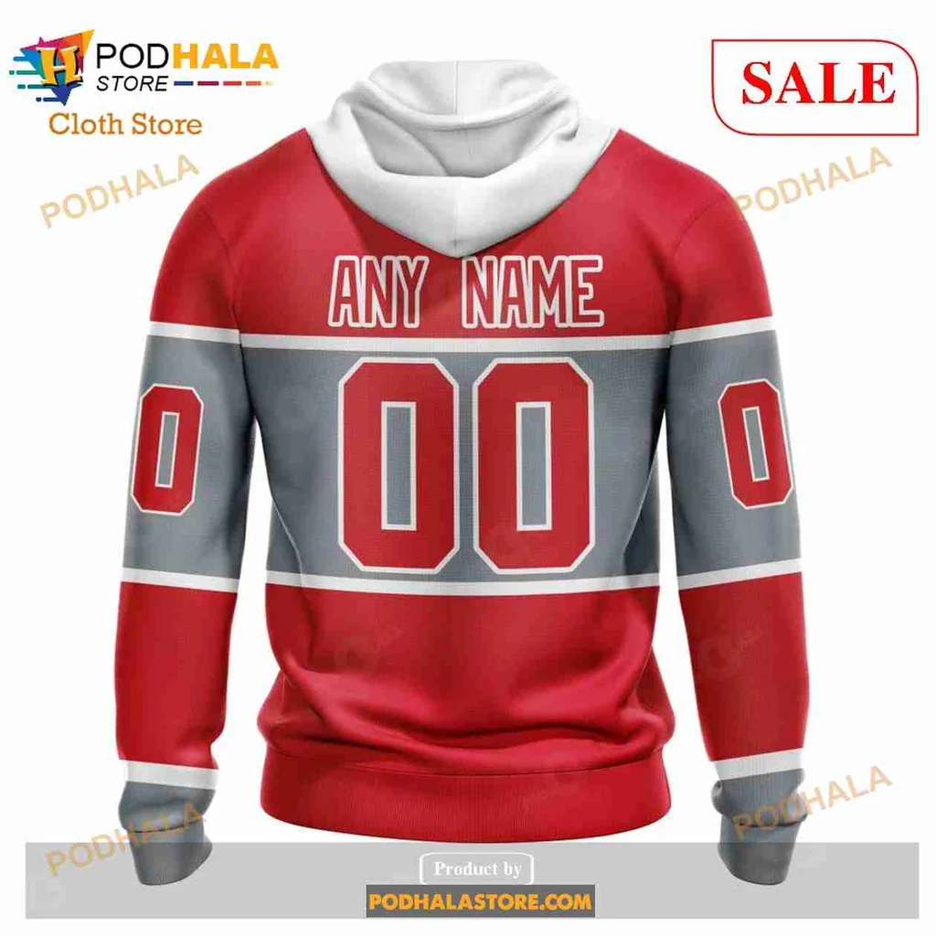 Vintage Detroit Red Wings AOP Hoodie With Bold D Emblem And Gray Stripe Vintage Detroit Red Wings AOP Hoodie With Bold D Emblem And Gray Stripe