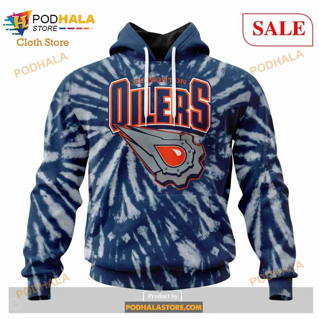 Vintage Edmonton Oilers Tie Dye Hoodie Featuring Retro Logo Design