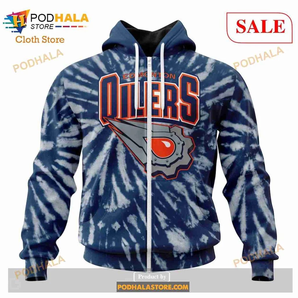Vintage Edmonton Oilers Tie Dye Hoodie Featuring Retro Logo Design - View 1 Vintage Edmonton Oilers Tie Dye Hoodie Featuring Retro Logo Design - View 1