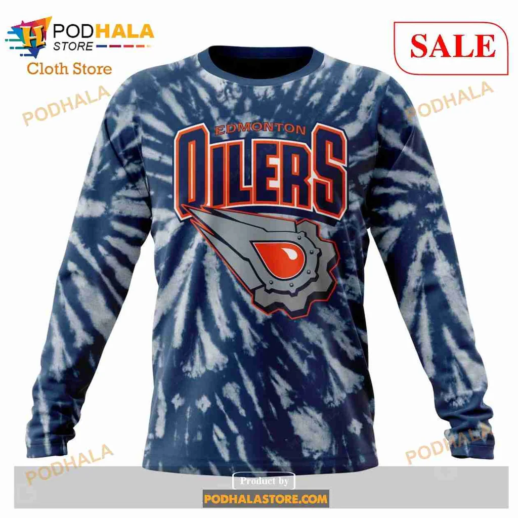Vintage Edmonton Oilers Tie Dye Hoodie Featuring Retro Logo Design - View 3 Vintage Edmonton Oilers Tie Dye Hoodie Featuring Retro Logo Design - View 3