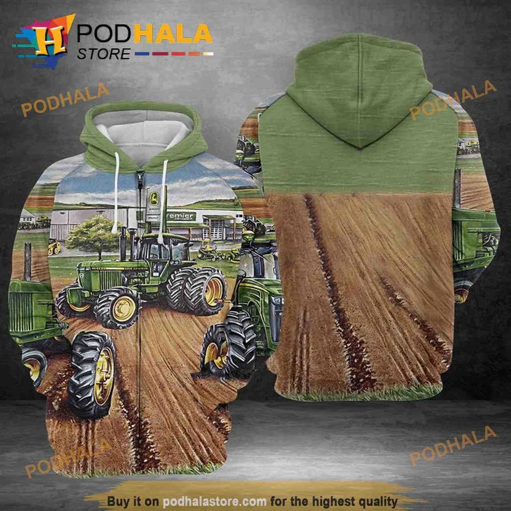 Vintage Green Tractor 3d Hoodie Featuring Realistic Agricultural Scene