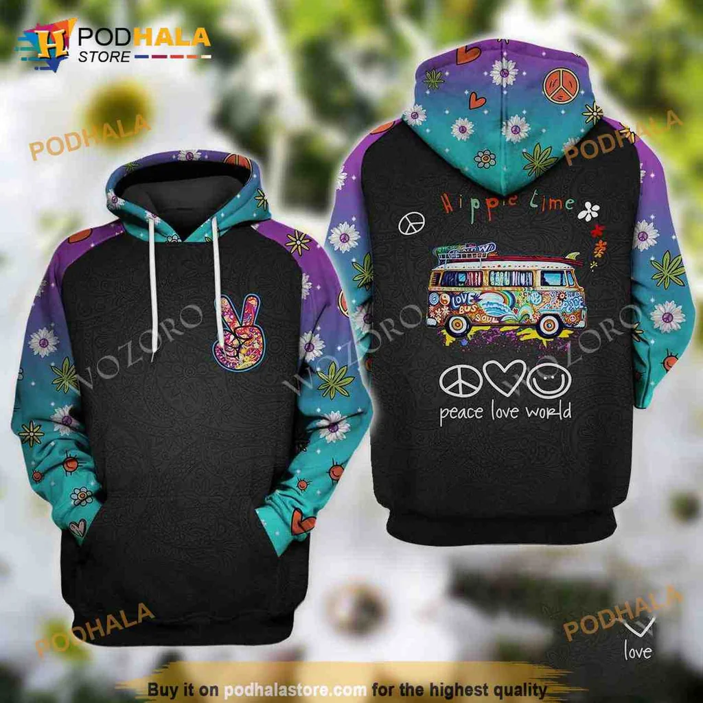 Vintage Hippie Van 3d Hoodie Featuring Colorful Peace Love World Design