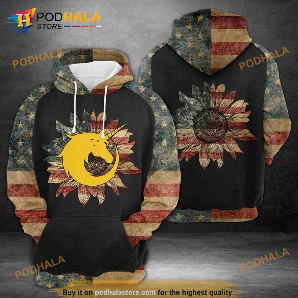 Vintage Horse Crescent Moon 3d Hoodie With Sunflower And American Flag Design